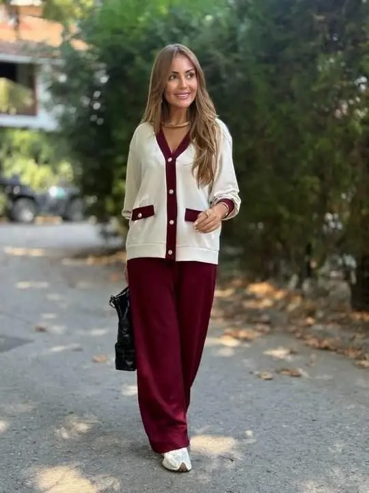 Women's Long Sleeve Ribbed Cardigan with Pocket Detail and Wide Leg Pants Set - 3