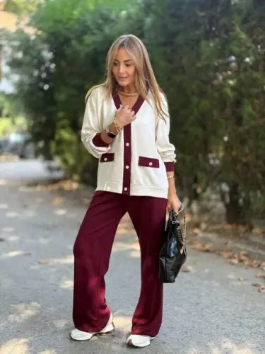 Women's Long Sleeve Ribbed Cardigan with Pocket Detail and Wide Leg Pants Set - 4