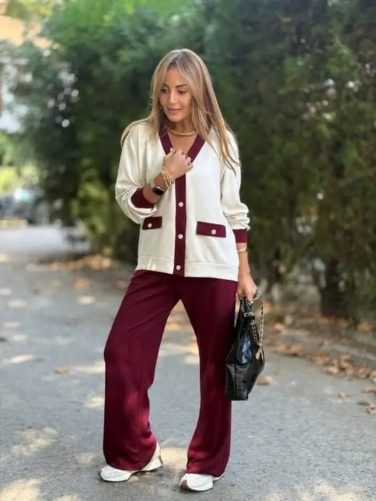 Women's Long Sleeve Ribbed Cardigan with Pocket Detail and Wide Leg Pants Set - 4