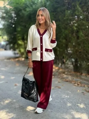 Women's Long Sleeve Ribbed Cardigan with Pocket Detail and Wide Leg Pants Set - 5