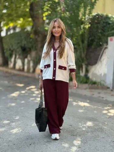 Women's Long Sleeve Ribbed Cardigan with Pocket Detail and Wide Leg Pants Set - 8