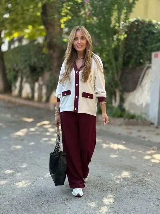 Women's Long Sleeve Ribbed Cardigan with Pocket Detail and Wide Leg Pants Set - 8