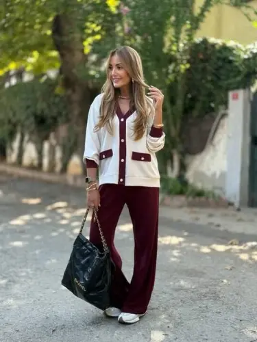 Women's Long Sleeve Ribbed Cardigan with Pocket Detail and Wide Leg Pants Set - 9