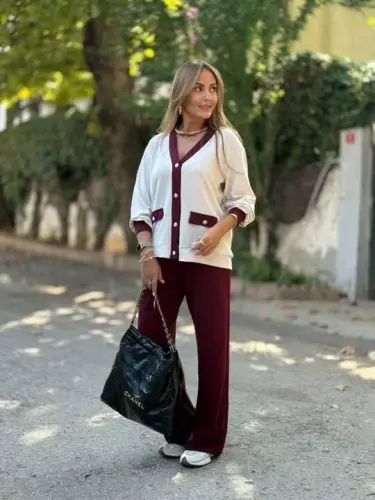 Women's Long Sleeve Ribbed Cardigan with Pocket Detail and Wide Leg Pants Set - 10