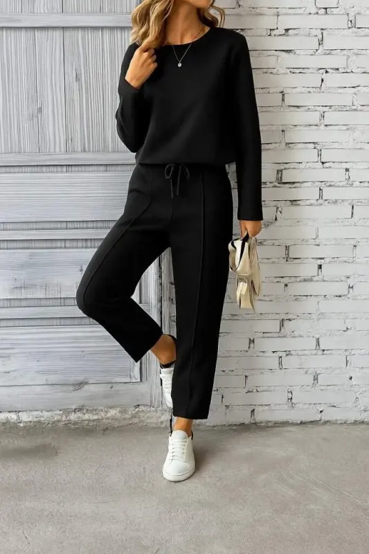 Women's Long Sleeve Ribbed Viscose Two Thread and Trouser Set - 1