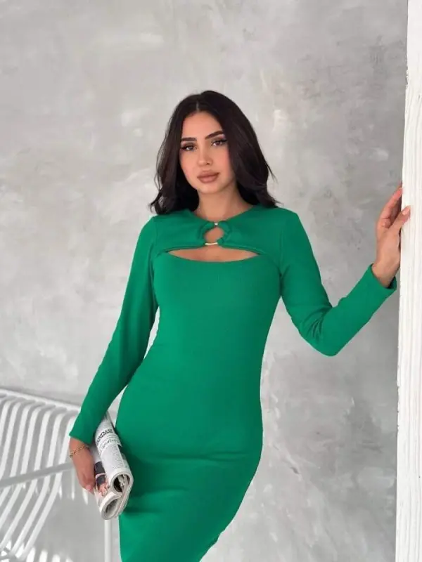 Women's Long Sleeve Ring and Window Detail Occasion Dress Midi Dress - 1