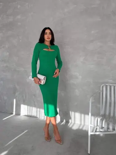 Women's Long Sleeve Ring and Window Detail Occasion Dress Midi Dress - BÜYÜKBEDENIZ (1)