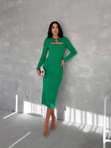 Women's Long Sleeve Ring and Window Detail Occasion Dress Midi Dress - 3