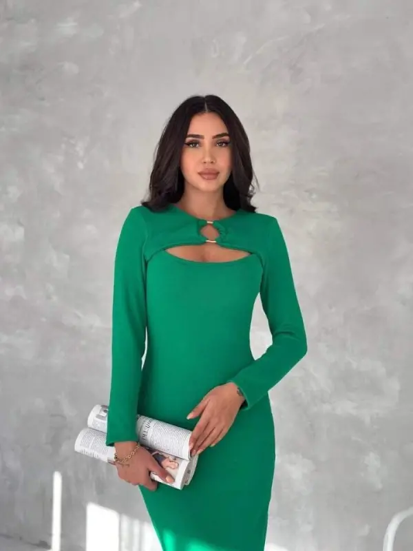 Women's Long Sleeve Ring and Window Detail Occasion Dress Midi Dress - 4
