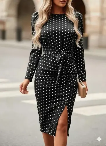 Women's Long Sleeve Round Neck Belted Front Slit Knitted Crepe Dress - 1