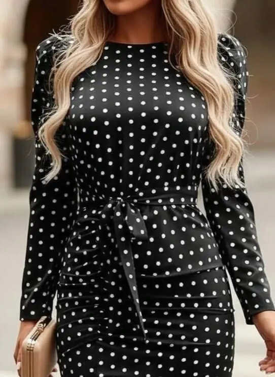 Women's Long Sleeve Round Neck Belted Front Slit Knitted Crepe Dress - 2