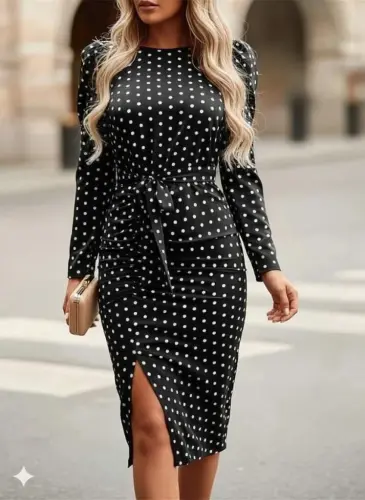 Women's Long Sleeve Round Neck Belted Front Slit Knitted Crepe Dress - 3