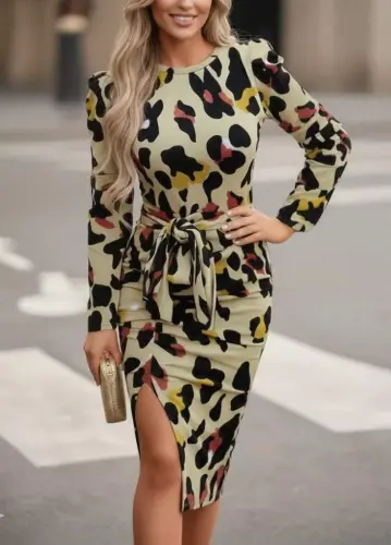 Women's Long Sleeve Round Neck Belted Front Slit Knitted Crepe Dress - 3