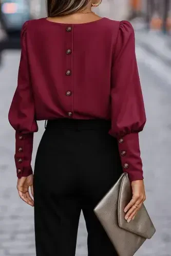 Women's Long Sleeve Round Neck Buttoned Imported Crepe Blouse - 1