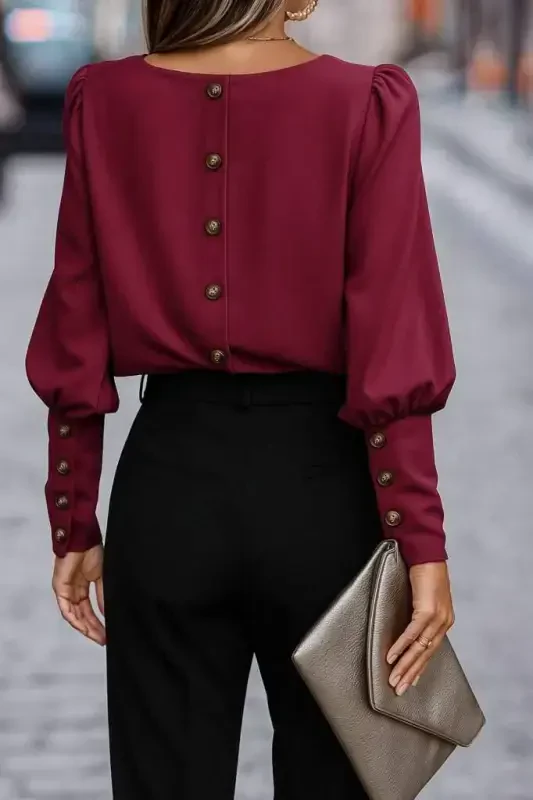 Women's Long Sleeve Round Neck Buttoned Imported Crepe Blouse - 1