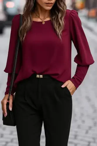 Women's Long Sleeve Round Neck Buttoned Imported Crepe Blouse - 2