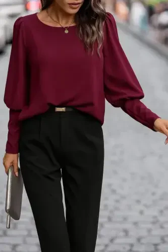 Women's Long Sleeve Round Neck Buttoned Imported Crepe Blouse - 3