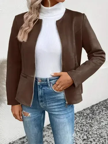 Women's Long Sleeve Round Neck Front Zippered Suede Jacket - 1