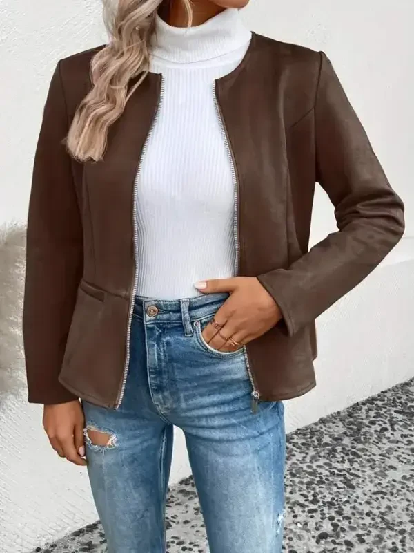 Women's Long Sleeve Round Neck Front Zippered Suede Jacket - BÜYÜKBEDENIZ