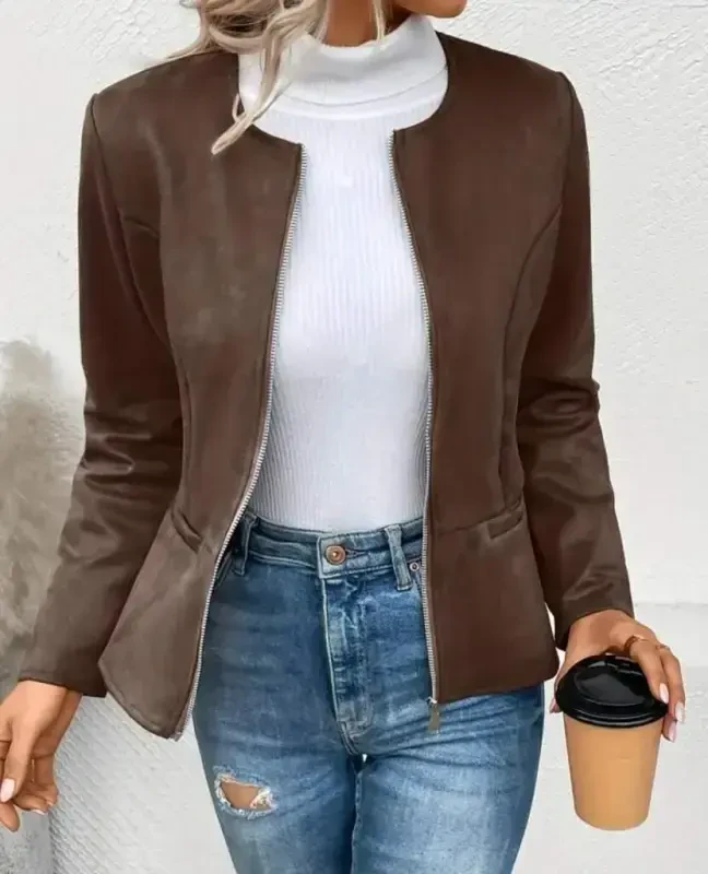Women's Long Sleeve Round Neck Front Zippered Suede Jacket - 2