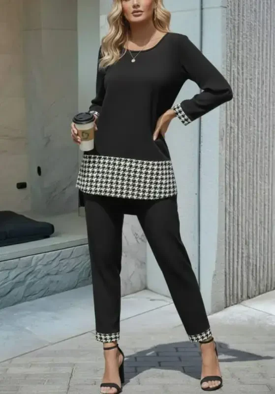 Women's Long Sleeve Round Neck Houndstooth Detailed Viscose Two Thread Blouse and Pants Set - 1
