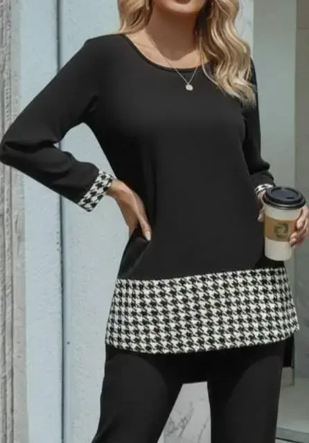 Women's Long Sleeve Round Neck Houndstooth Detailed Viscose Two Thread Blouse and Pants Set - 2