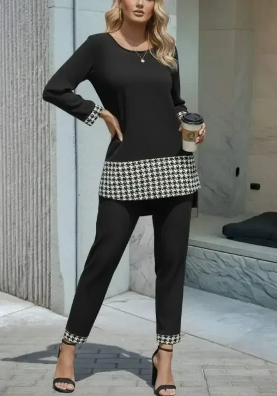 Women's Long Sleeve Round Neck Houndstooth Detailed Viscose Two Thread Blouse and Pants Set - 3