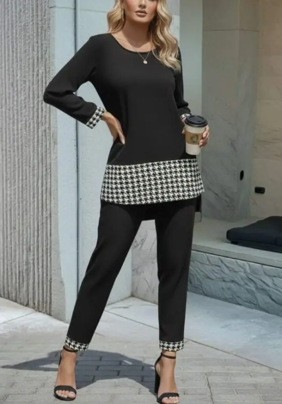 Women's Long Sleeve Round Neck Houndstooth Detailed Viscose Two Thread Blouse and Pants Set - 3