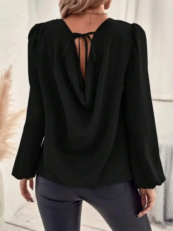 Women's Long Sleeve Round Neck Lace-up Back Slouchy Imported Crepe Blouse - 2