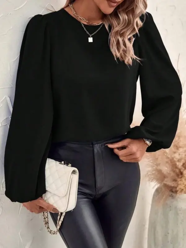 Women's Long Sleeve Round Neck Lace-up Back Slouchy Imported Crepe Blouse - 3