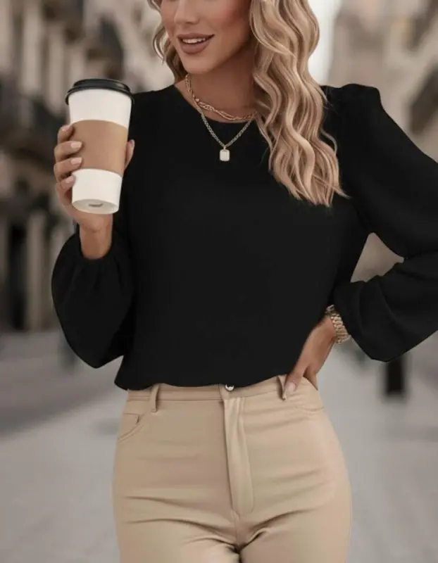 Women's Long Sleeve Round Neck Lace-up Back Slouchy Imported Crepe Blouse - 4