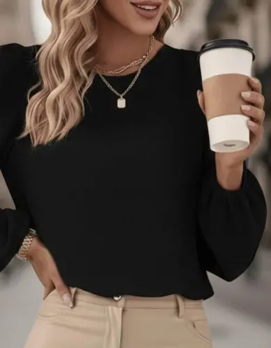 Women's Long Sleeve Round Neck Lace-up Back Slouchy Imported Crepe Blouse - 5