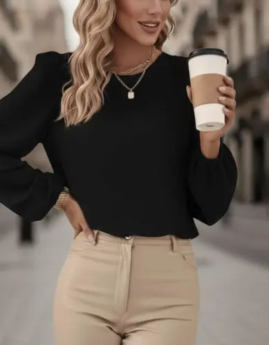 Women's Long Sleeve Round Neck Lace-up Back Slouchy Imported Crepe Blouse - 6