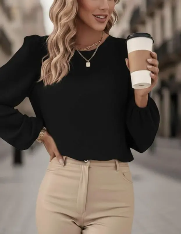 Women's Long Sleeve Round Neck Lace-up Back Slouchy Imported Crepe Blouse - 6