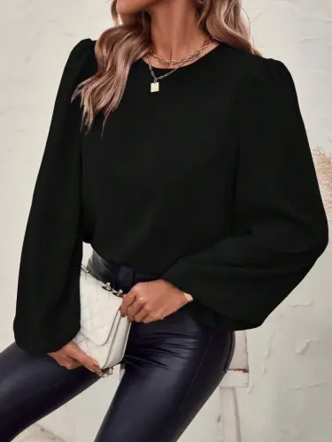 Women's Long Sleeve Round Neck Lace-up Back Slouchy Imported Crepe Blouse - 7