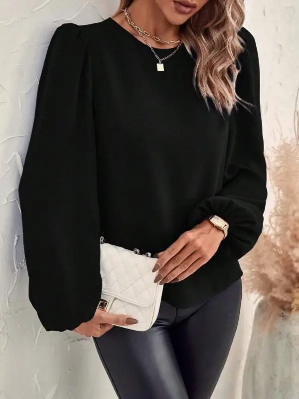 Women's Long Sleeve Round Neck Lace-up Back Slouchy Imported Crepe Blouse - 8