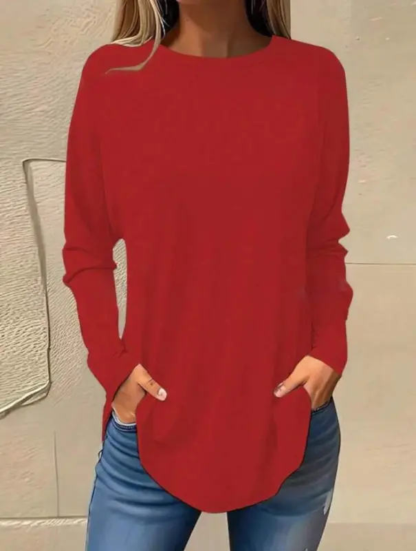 Women's Long Sleeve Round Neck Oversize Two Thread Blouse - 1