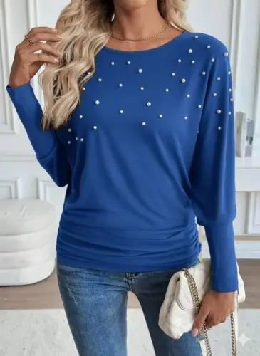 Women's Long Sleeve Round Neck Pearl Detailed Viscose Blouse - 1