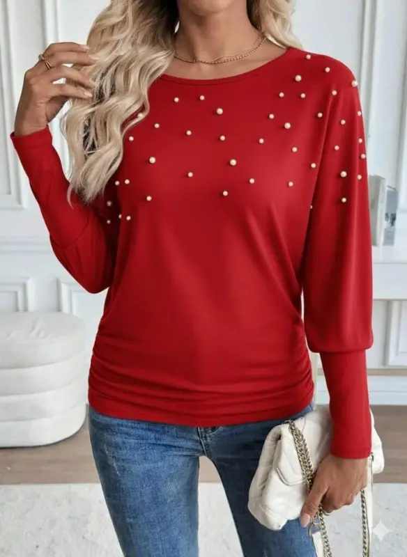 Women's Long Sleeve Round Neck Pearl Embellished Viscose Blouse - 1