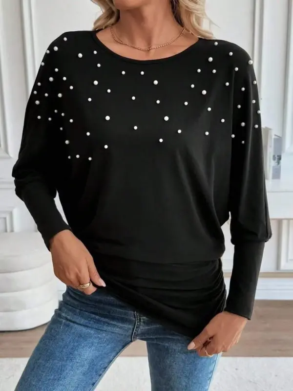 Women's Long Sleeve Round Neck Pearl Embellished Viscose Blouse - 2