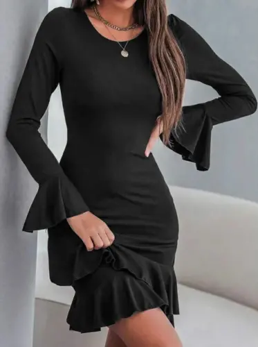 Women's Long Sleeve Round Neck Ruffled Cuff Voluminous Iridescent Crepe Mini Dress - 3