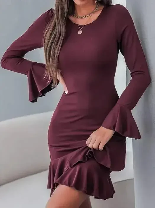Women's Long Sleeve Round Neck Ruffled Cuff Voluminous Shimmer Crepe Mini Dress - BÜYÜKBEDENIZ