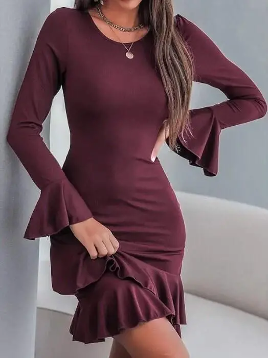 Women's Long Sleeve Round Neck Ruffled Cuff Voluminous Shimmer Crepe Mini Dress - 3