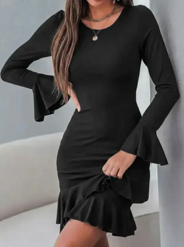 Women's Long Sleeve Round Neck Ruffled Cuff Voluminous Shimmer Crepe Mini Dress - BÜYÜKBEDENIZ