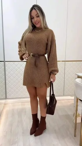 Women's Long Sleeve Round Neck Short Knit Dress - 4
