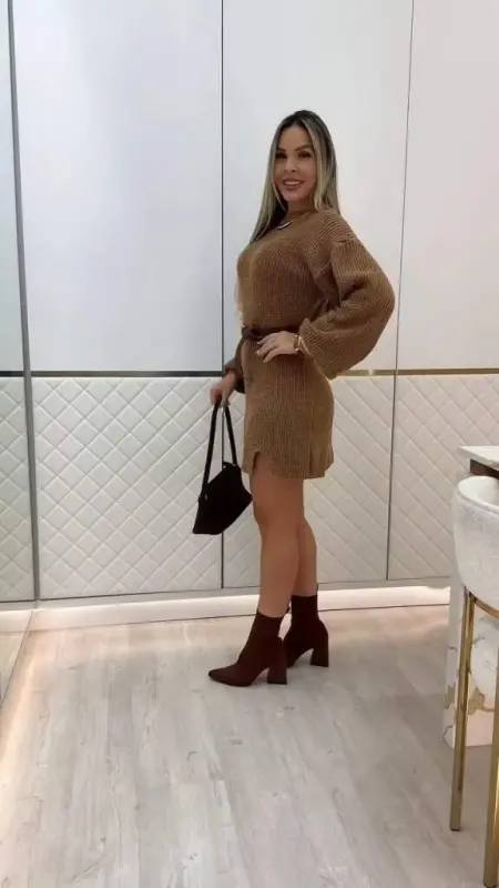 Women's Long Sleeve Round Neck Short Knit Dress - 5