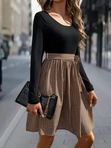 Women's Long Sleeve Round Neck Top Viscose Bottom Supima Midi Dress - 5