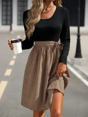 Women's Long Sleeve Round Neck Top Viscose Bottom Supima Midi Dress - 6