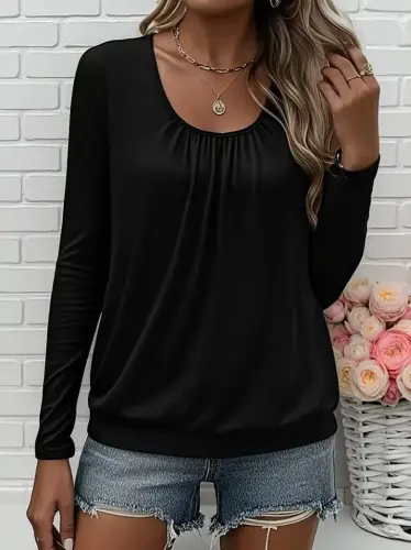 Women's Long Sleeve Round Neck Viscose Blouse - 1
