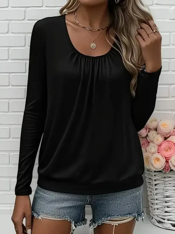 Women's Long Sleeve Round Neck Viscose Blouse - 1